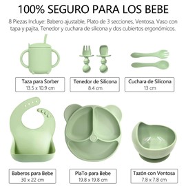 ALIYU Platos para Bebe Silicon 8PCS, Kit Alimentación Complementaria Bebe, Plato para bebe con ventosa, Baberos de silicona para bebe, Sin BPA, Fácil de limpiar, Vajilla bebe silicona (Verde)