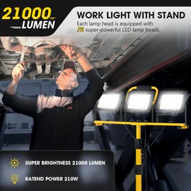 Zetunlo 21000Lumen LED Work Lights with Stand - 3 Head Portable Work Light with 16FT Cord - IP66 Waterproof Tripod Worklights for Outdoor Indoor Job Site Workshop Garage Construction Site Lighting