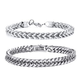 Men's Stainless Steel Bracelet, Men's Bracelet Stainless Steel Curb Chain, 19/21/23 cm Stainless Steel Bracelet for Men, Men's Silver/Black Bracelets, Pack of 2, Stainless Steel