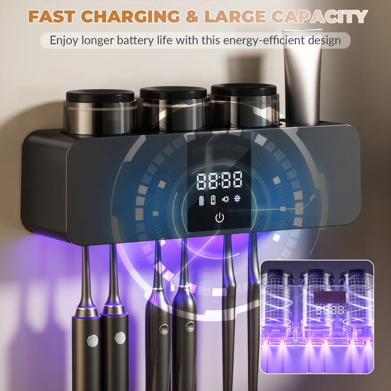 Smart Wall-Mounted Toothbrush Holder with Solar Charging, 6 Brush Slots