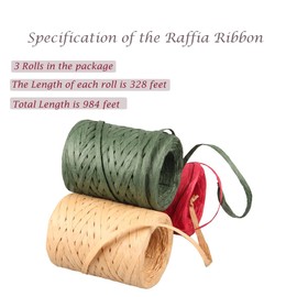 Raffia Ribbon, 3 Rolls 984 Feet Christmas Ribbon String for Gift Wrapping, Craft Paper Twine for Holiday Decor, Crafting (Natural, Green and Red Color)