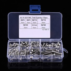 Tornillos de Cabeza Hueca 170 Piezas de Acero Inoxidable M4 SS304 Tornillos de Cabeza Hueca Hexagonal Tornillos y Tuercas Conjunto Surtido Con Estuche de Almacenamiento Para Electrodomésticos de Ofic