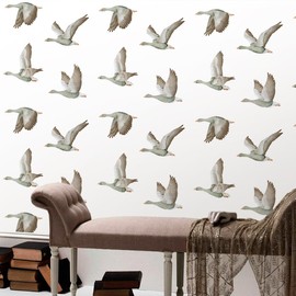Jeweluck Animal Wallpaper Peel and Stick Wallpaper Birds Goose Wallpaper 16.9inch x 118.1inch Boho Animal Wallpaper Vintage Wall Paper Tan and White Self Adhesive Removable Contact Paper for Bathroom