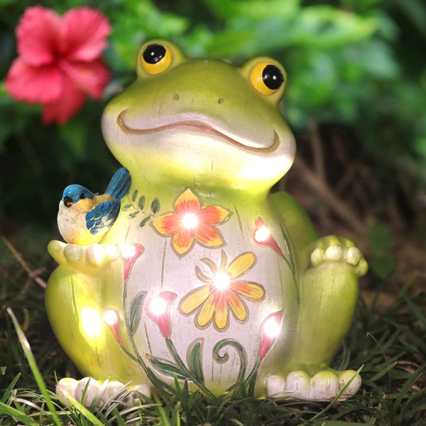 IVCOOLE Outdoor Frog Sculptures,Solar Resin Garden Outdoor Statues,Christmas Decorations Frog Gifts Sculptures Decorations for Home Patio,Yard,Lawn, Porch, Ornament