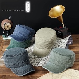 QICHEN Men's Military Army Cap Flat Top Baseball Caps Vintage Washed Outdoor Leisure Cap, black