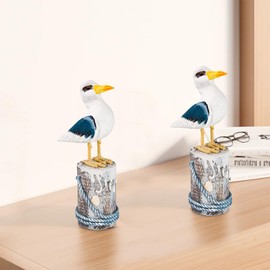 EVINIS 2pcs Sea Bird Figurine Nautical Decor, Wooden Seagull Statue Ornaments for Coastal Beach Room Office Home Decoration (Small)