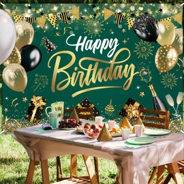 Mocsicka Happy Birthday Backdrop Green and Gold Background Glitter Birthday Party Decorations Photo Background for Men Women (Green, 7x5ft)