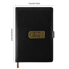 Qefuna Diary with Lock, A5 PU Leather Diary with Code, 200 Pages, 100 gsm Paper, Vintage Reading Journal Diary with Lock for Women and Men, (Black)