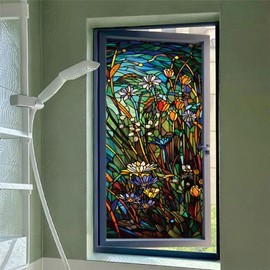 WBQMUNY Stained Glass Window Privacy Film,3D Floral Decorative Bathroom Frosted Window Clings Sun Heat Blocking Flower Window Tint for Home Non Adhesive Door Window Covering 17.7" x 39.5" (BH160)