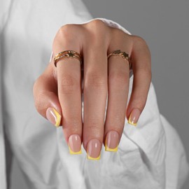 KQueenest Yellow French Tip Press On Nails Short Square, 30 Pcs Acrylic Press On Nails With Glue, Natural Nude Short Fake Nails Press ons, Reusable Glossy Soft Gel Glue on Nails for Women Summer