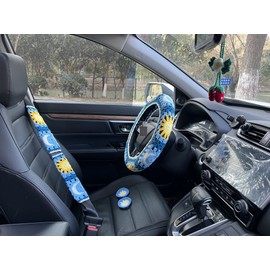 YDMZZB Handmade Crochet Sun and Moon Car Steering Wheel Covers Universal 14-15 inch for Women and Men (Wheel Covers+2belt Covers+2Car Coasters+Strawberry)