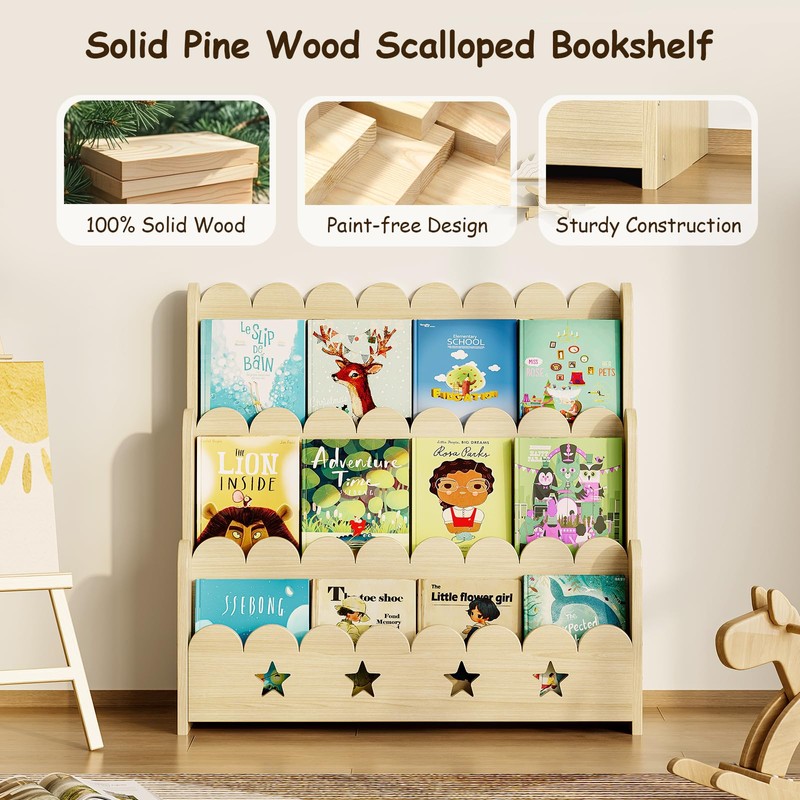 EXPERLAM Scalloped Bookshelf for Kids, 3-Tier Front Facing Book Display