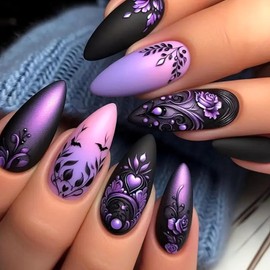 LWTZLW Fall Flower Press on Nails Short Square Fake Nails Gradient Full Cover Glue on Nails Black Purple Design Oval Acrylic False Nail Autumn Glossy Artificial Nail Reusable for Women