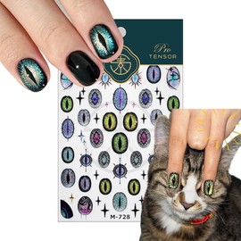 Cute Cat Nail Art Stickers Evil Eye Nail Decals Bling Glitter Gradient 5D Embossed Self-Adhesive Colorful Lovful Cat Horror Demon Eyes Star Nail Design Supplies for Women Girls Nail Art Decoration