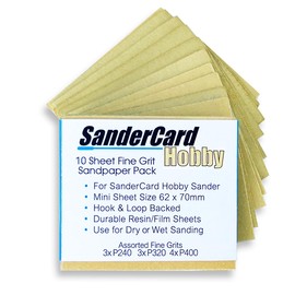Hobby Sandpaper Pack for SanderCard Hobby Sander. 3 x 240 grit, 3 x 320 grit and 4 x 400 grit, for fine sanding for model making, paper crafts and 3D prints. Sheet Size 62 x 70mm. 10 Sheets.