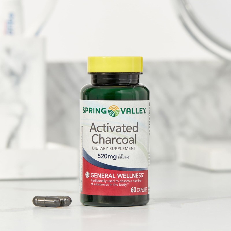 Spring Valley Activated Charcoal Capsules, Dietary Supplement, 520mg, 60 Count