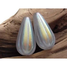 Czech 2 - LG 24x12mm CZECH LT GRAY OPALINE AB SILVER WASH MELON DROP, TEARDROP BEADS