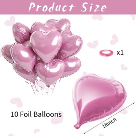 Biapian Pink Foil Heart Balloons, 10PCS Pink Heart Shape Balloons, Valentines Balloons 18inch Pink Love Foil Balloons for Helium Birthday Decorations for Valentines Day, Wedding Party, Anniversary