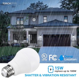 TORCHSTAR 15W Universal Garage Door Opener LED Light Bulb, 100W Eqv. 1700lm Ultra Bright, Minimize Interference, UL FCC Listed, 120V, A19 Bulbs, E26 Base, 5000K Daylight, Pack of 2
