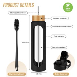 FULBEVY 25 oz Glass Water Bottles - Motivational Tumbler With Time Marker - Borosilicate Glass Bottle, Silicone Sleeve, 2 Lids,Handle Spout & Bamboo Straw, Black