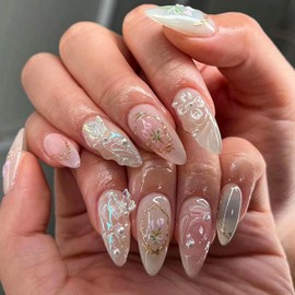 3D Butterfly Press on Nails Medium Almond Fake Nails with Glue Glossy Full Cover Acrylic Nails Rhinestones False Nails Bow Flower Pearl Design Artificial Nails for Women Manicure 24PCS Stick on Nails