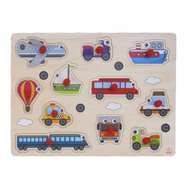 Engelhart - High-quality wooden puzzle with button for toddlers - various designs, wooden games for children and babies from 2 years (vehicle)