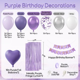 Purple Birthday Decorations for Women with Metallic Silver White Lavender Purple Balloons Banner Fringe Curtains for Lavender Happy Birthday Decorations