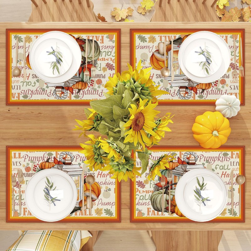 Juego de 4 manteles individuales de lino para otoño, decoración