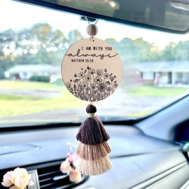 Qpige Christian Car Charm Gifts for Women Men, I am with You Always Rear View Mirror Hanger with Tassel Religious Car Hanging Ornament Accessories(Brown)