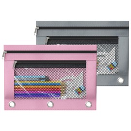 DoDoMagxanadu Binder Pencil Pouches, Pencil Pouch for 3 Ring Binder, Double Pocket Clear Window Pencil Case for Binder, Zippered Pencil Pouches with Rivet Enforced 3 Ring, 2 Pack (Grey&Pink), B5