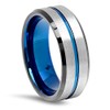 Grooved Center Tungsten Wedding Ring (Silver/Blue) - 8