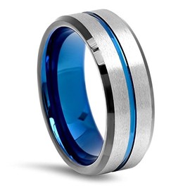 Grooved Center Tungsten Wedding Ring (Silver/Blue) - 8