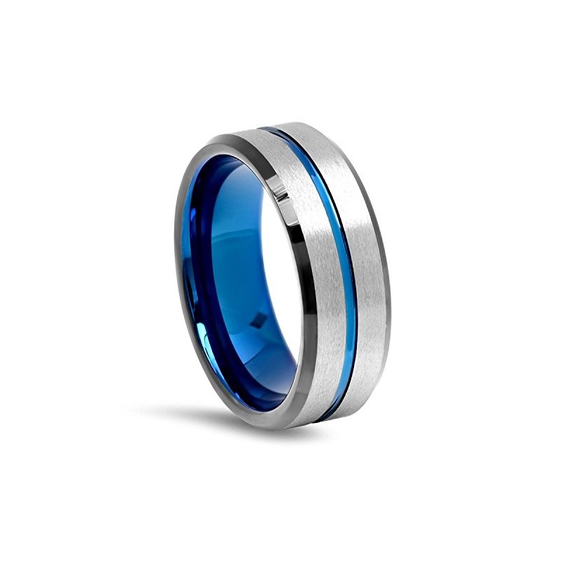 Grooved Center Tungsten Wedding Ring (Silver/Blue) - 8