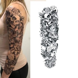 Yesallwas Skull Tattoo Stickers, Set of 6, Japanese Pattern, Tattoo Stickers, Realistic Large, Waterproof, Long Lasting, Japanese Carving, Tattoo Seal, Body Seal, Hands, Arms, Legs