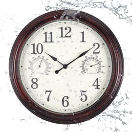 Vigorwise 12 inch Outdoor Wall Clock, Plastic Waterproof Outdoor Clocks with Temperature & Humidity, Water Resistant Wall Clock for Patio Garden, Dark Brown