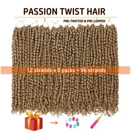 Passion Twist Crochet Hair 18 Inch Pre-twisted Passion Twist Crochet Braids for Women Blonde Pre-looped Short Curly Crochet Hair Bohemian Synthetic Hair Extensions 8 packs 27#