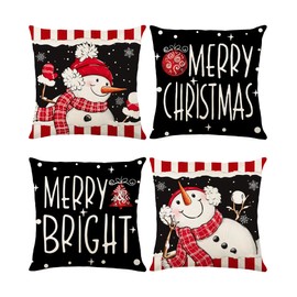 SEGXCFL Christmas Throw Pillow Covers 18x18 Set of 4,Vintage Linen Pillow Cases Snowman Red White Stripes Black Decorative Pillowcover for Couch Sofa Livingroom Outdoor Christmas Home Decor
