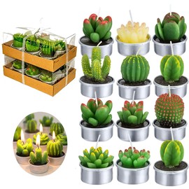12 velas de cactus 、Decorativo hecho a mano delicada luz de té de cactus sin humo, adecuado para fiestas, festivales, cumpleaños, bodas, decoración del hogar