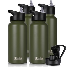 HASLE OUTFITTERS 32 oz Insulated Water Bottle Stainless Steel Double Walled Vacuum Sports Water Bottle with 2 Lids (Straw and Spout Lid) for Gym Camping Hiking(Army Green,4)