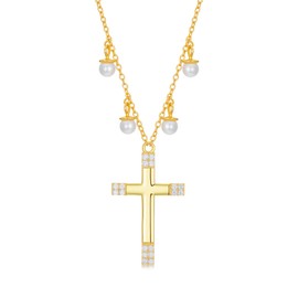 Lab Grown Diamond Cross Necklace for Women,18K Yellow Gold Plated 925 Sterling Silver Created 4 PCS Freshwater Pearl Cross Pendant Necklaces Anniversary Birthday Gifts for Mom Wife