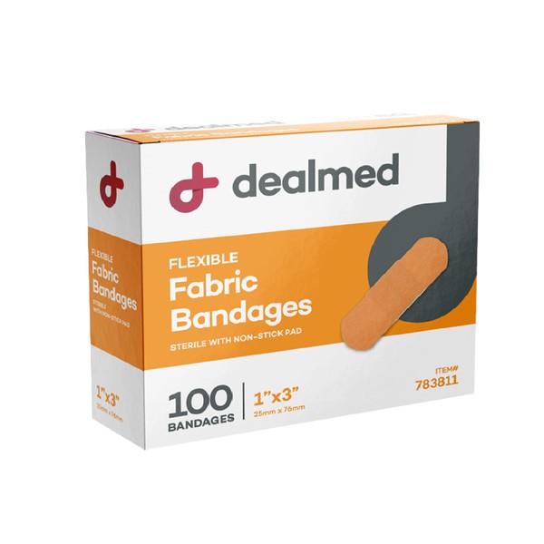 Dealmed Sterile Flexible Fabric Adhesive Bandages – 1x3 Inch – 100/Box - Breathable First Aid Strip Pack - Soft Stretch Wound Patch for Medical, Emergency Kits & Clinic