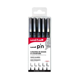 Mitsubishi Pencil - 5 Felt Tip Pens for Writing and Drawing Uni Pin - Calibrated Tip Bag Very Fine to Medium Size for Writing, Drawing, Tracer, Drawing - Black Ink