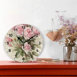 ALAZA Pink Rose Floral Flower Wall Clock Non Ticking Decorative Desk Clock for Bedroom Kitchen Living Room School Office 9.4 Inch