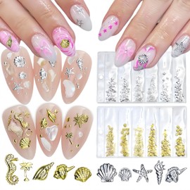 400Pcs Alloy Gold Silver Shell Starfish Nail Charms 3D Ocean Theme Nail Rhinestones Metal Beach Starfish Conch Seashell Nail Nails Gems Crystal Nail Jewels Supplies for Women DIY Manicure Accessories