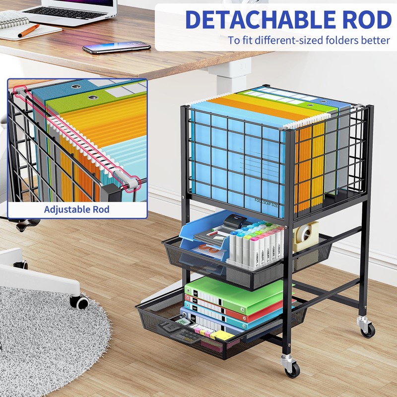 TOOLF 3-Tier Rolling File Cart, Metal Storage Drawer Cart with