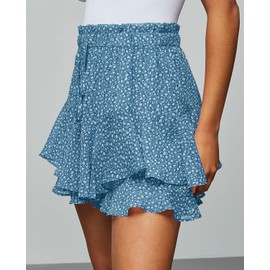 EGOCKAL - Falda corta de verano con volantes para mujer, con cintura alta, elástica, con capas, estilo bohemio, mini falda, Azul, Small