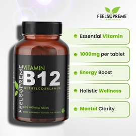 Vitamin B12 60 x 1000mcg Tablets - High Strength Supplement - Pure Methylcobalamin - Brain Function, Immune System, & Energy Support – for Men & Women - Made in The UK