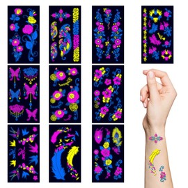 Neon Temporary Tattoo,10 Sheet Glow in the Dark UV Neon Body Face Skin Tattoo Flash Fake Butterfly Flower Waterproof Tattoo Stickers for Women Girls Female Party Decorations Accessories
