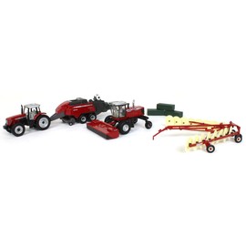 Massey Ferguson 1/64 4 Piece Haying Set Includes Tractor, Wind Rower, Baler, Hay Rake, and Bales by ERTL 16421, unisex adult