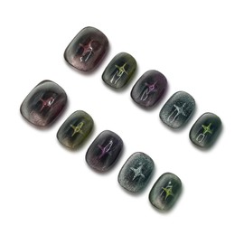 Yabonica Handmade Nails Press On Nail Short Oval Fake Nail Tip Charm Multicolour Design Handmade Travel Fast Glue on Nail Tips 10 pcs with Storage Box (013, XS)